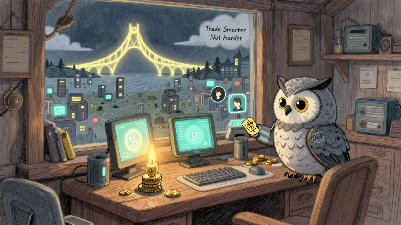 A trader’s cozy den with an ORN token and robotic owl distributing rebates under glowing exchange towers.