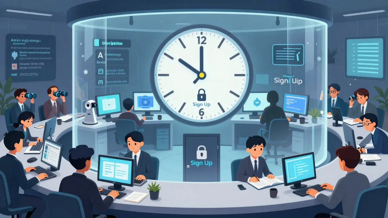 A trading floor with a six-month freeze on new accounts, while engineers upgrade verification systems under the watchful eyes of Asian exchanges.