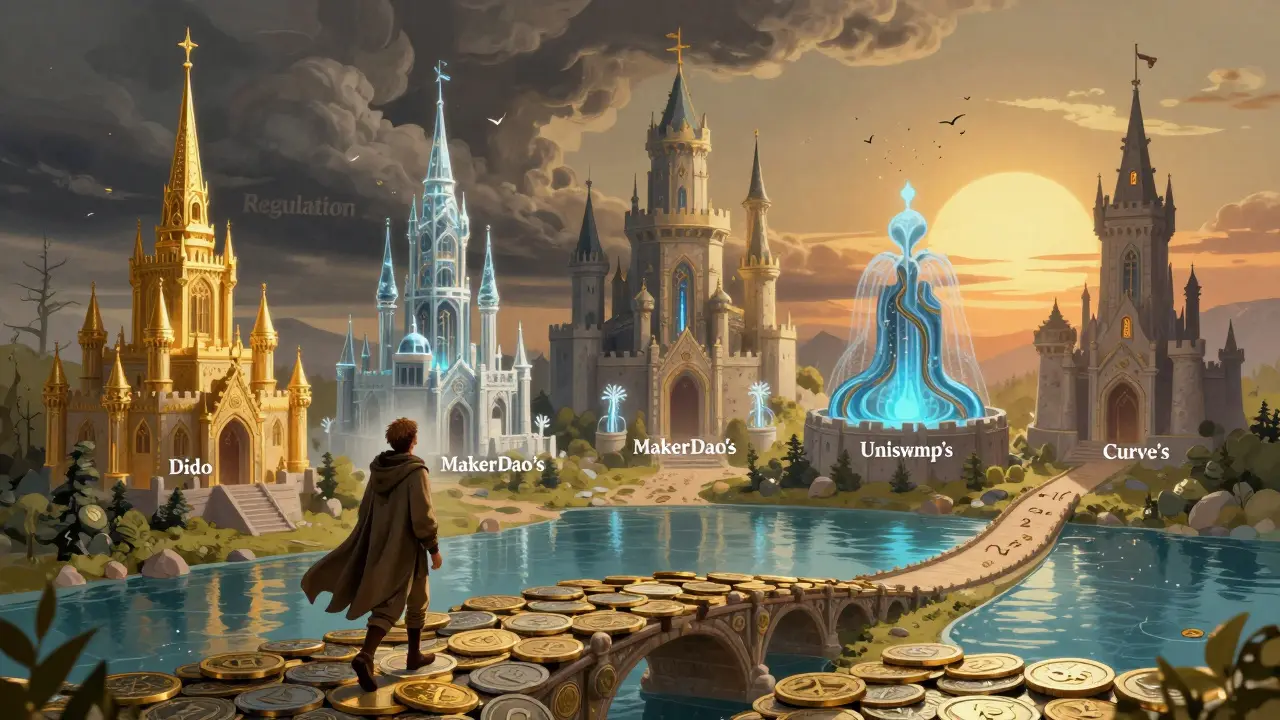 A traveler crosses a token bridge toward five DeFi castles as regulation looms and TVL 2.0 dawns ahead.