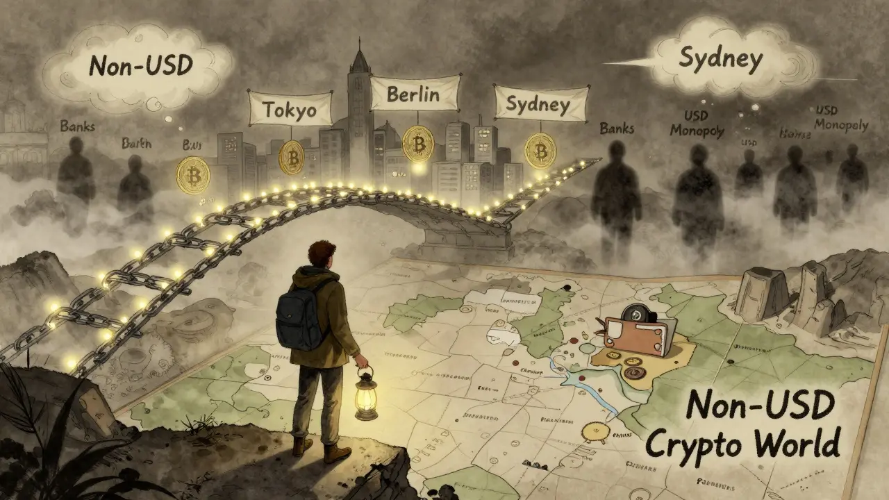 A traveler on a magical blockchain bridge heading toward global cities, leaving behind shadowy bank figures in a storybook illustration.