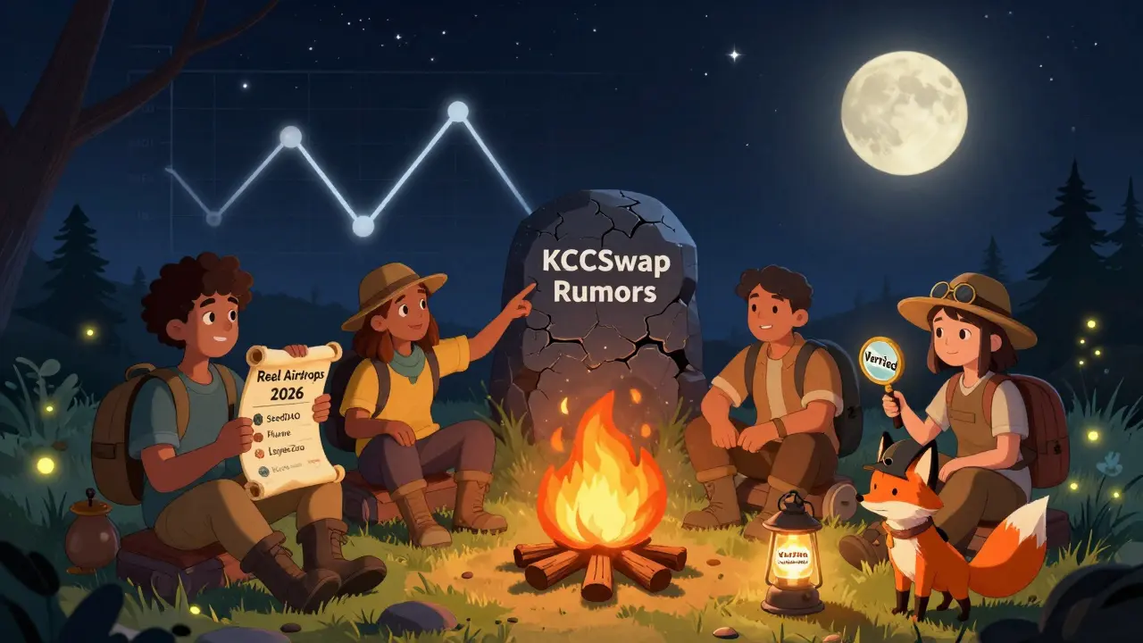 Adventurers gather around a campfire, comparing real 2026 airdrops while ignoring a crumbling rumor stone under moonlight.