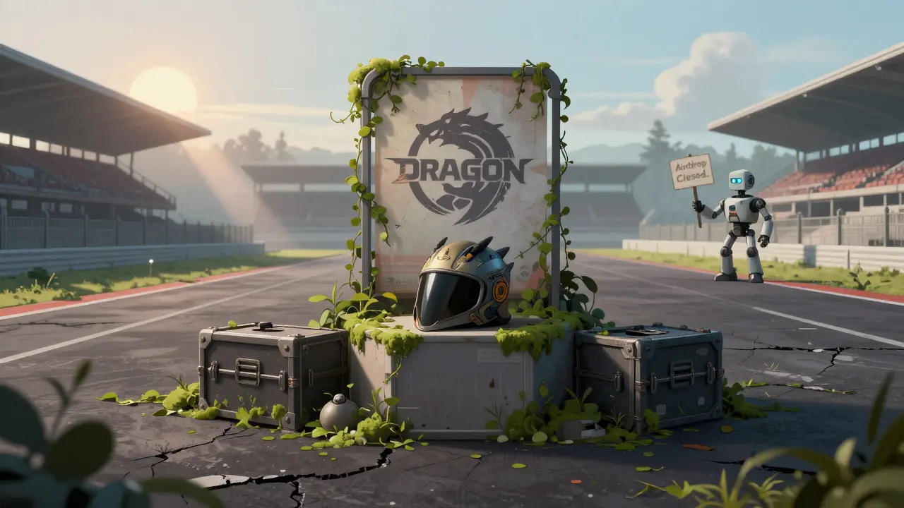 An abandoned racing arena overgrown with vines, a single helmet on a dusty podium.