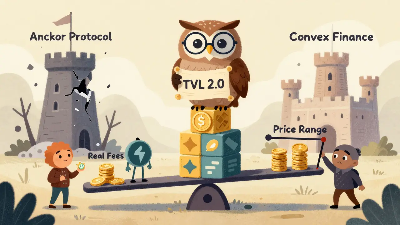 An owl explains TVL 2.0 to users on a seesaw balancing real fees against temporary rewards.