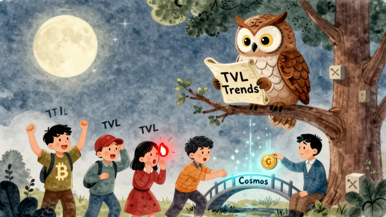 An owl on a blockchain tree explains TVL trends as users react to market changes, hacks, and new blockchain bridges.