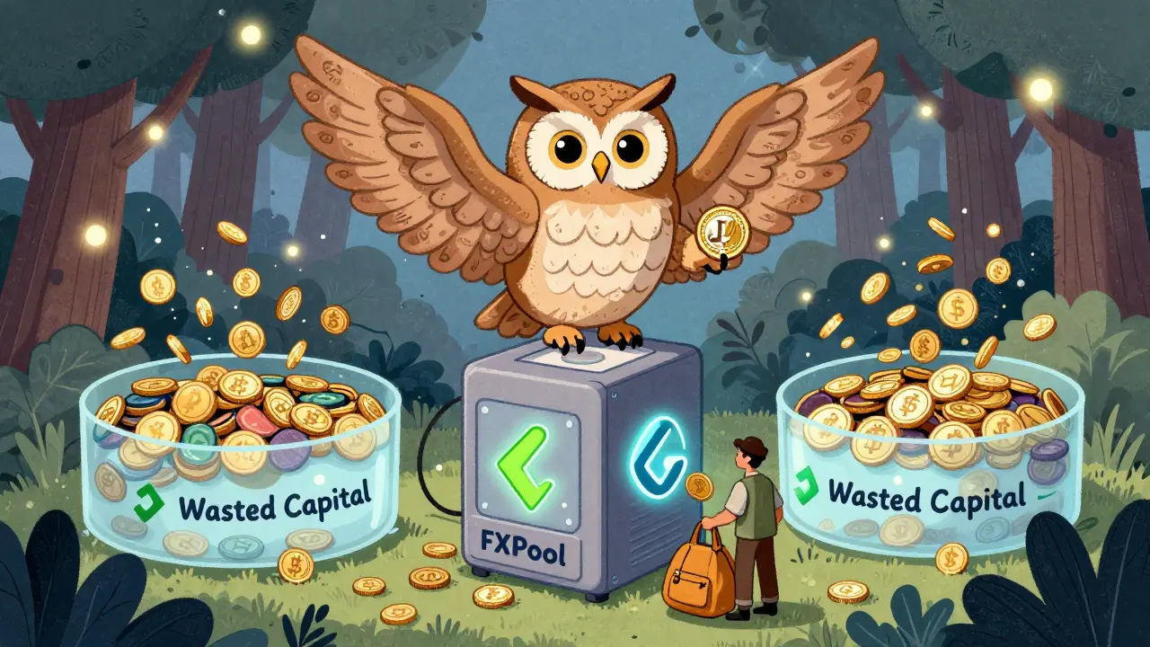 An owl using a glowing FXPool machine to convert one stablecoin into another, while two inefficient pools overflow nearby.