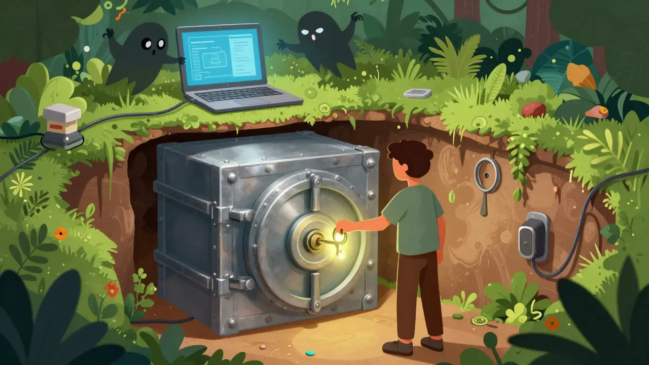 Cartoon character securing a key in a physical safe away from digital threats.
