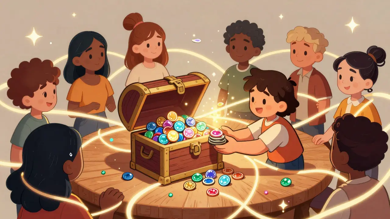 Cartoon characters exchanging tokens in a network