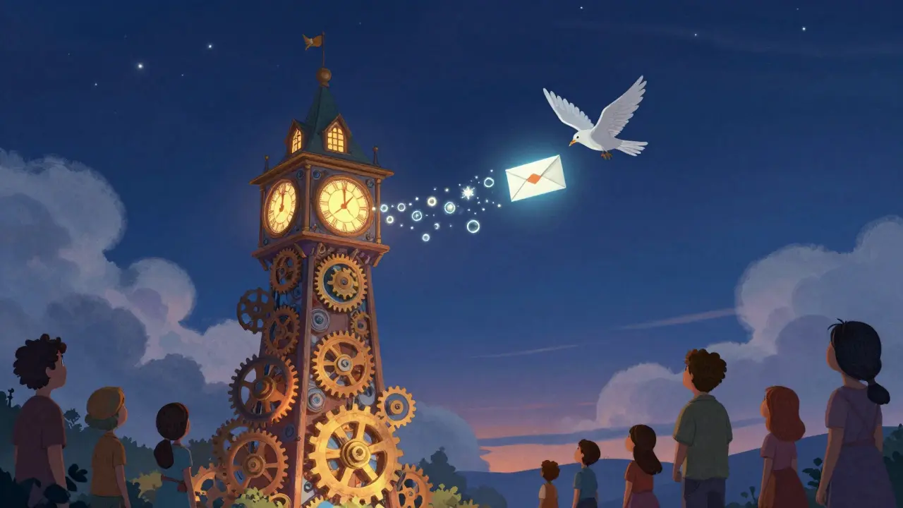 Clocktower mechanism releasing a secure message to families below at twilight