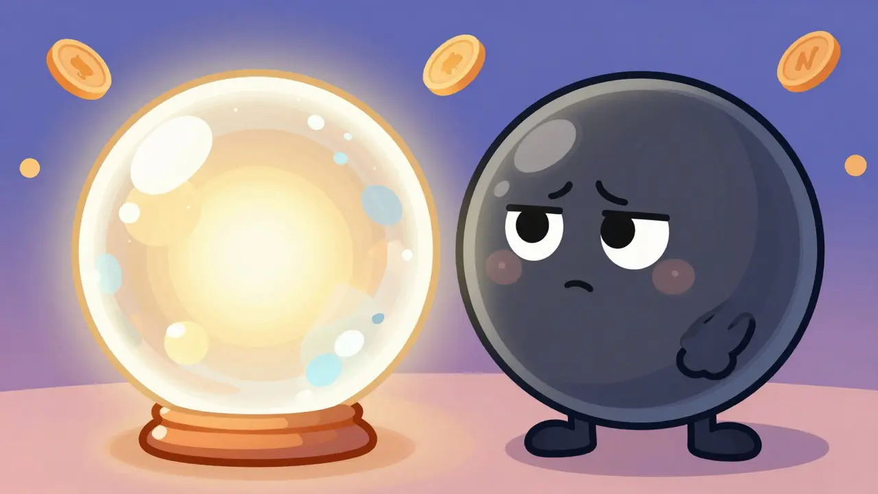 Confused investor looking at two differently glowing orbs representing price difference