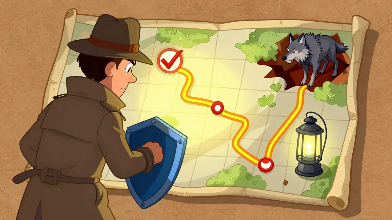 Detective examining a map to choose a safe path.
