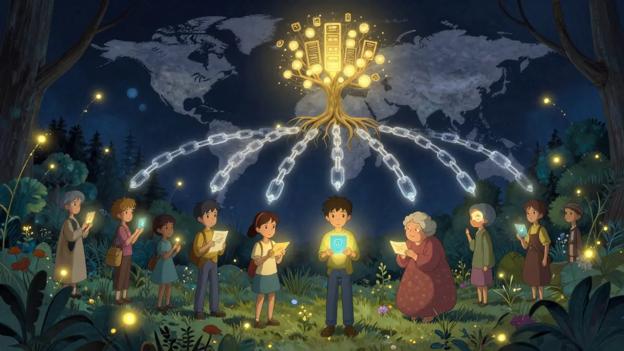 Diverse people hold digital memories as a blockchain chain links them to a tree of servers under a moonlit sky.