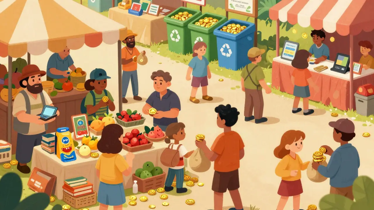 Diverse villagers trading shiny tokens for goods at a lively village market.