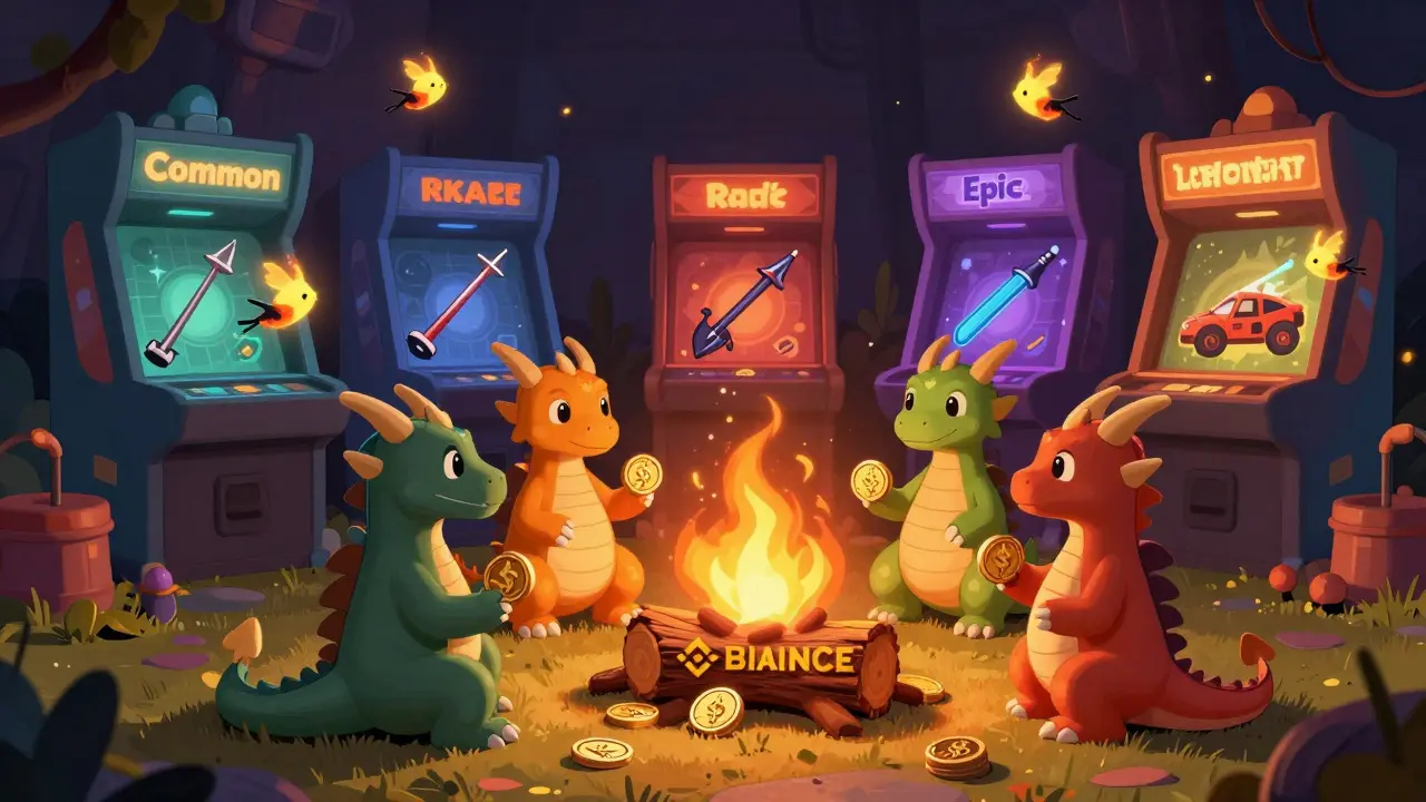 Dragons trading tokens around a glowing blockchain log in a fantasy arcade.
