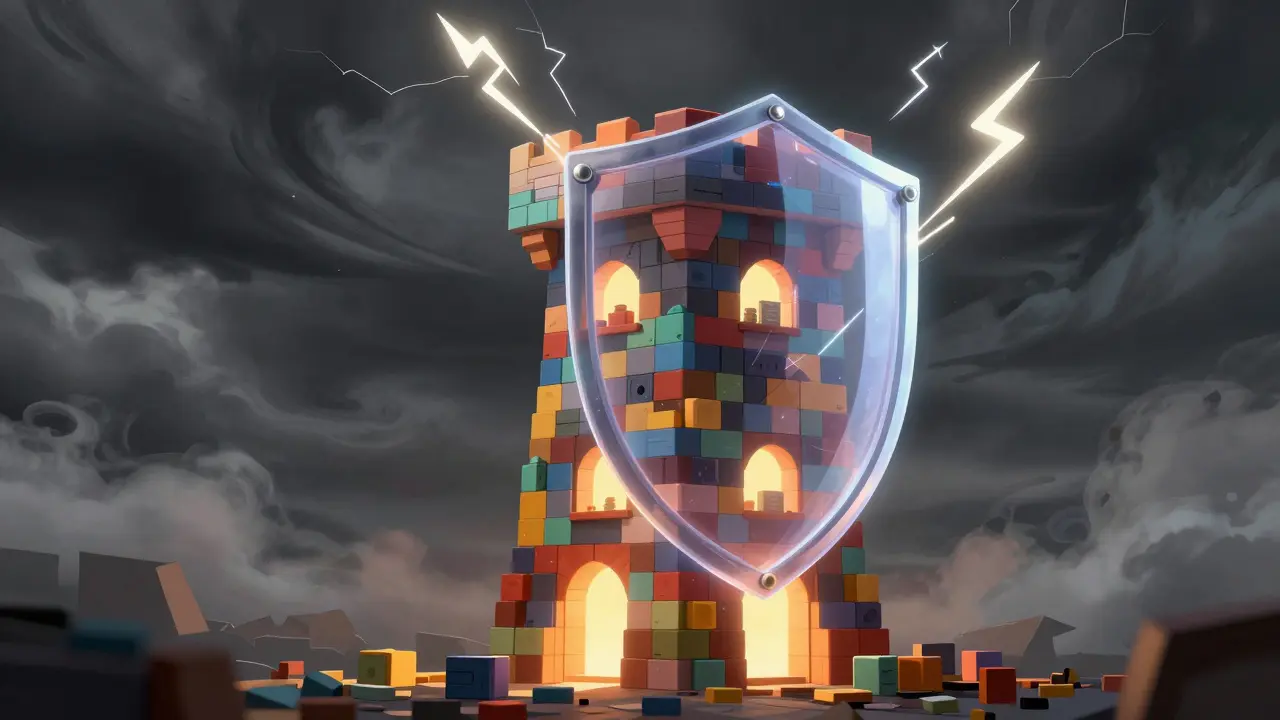 Fortified tower shielded against storm clouds and lightning bolts