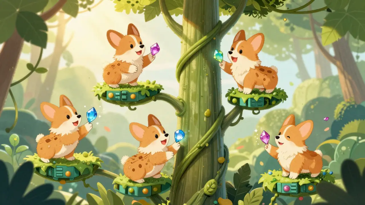 Friendly corgis exchanging tokens on a magical beanstalk