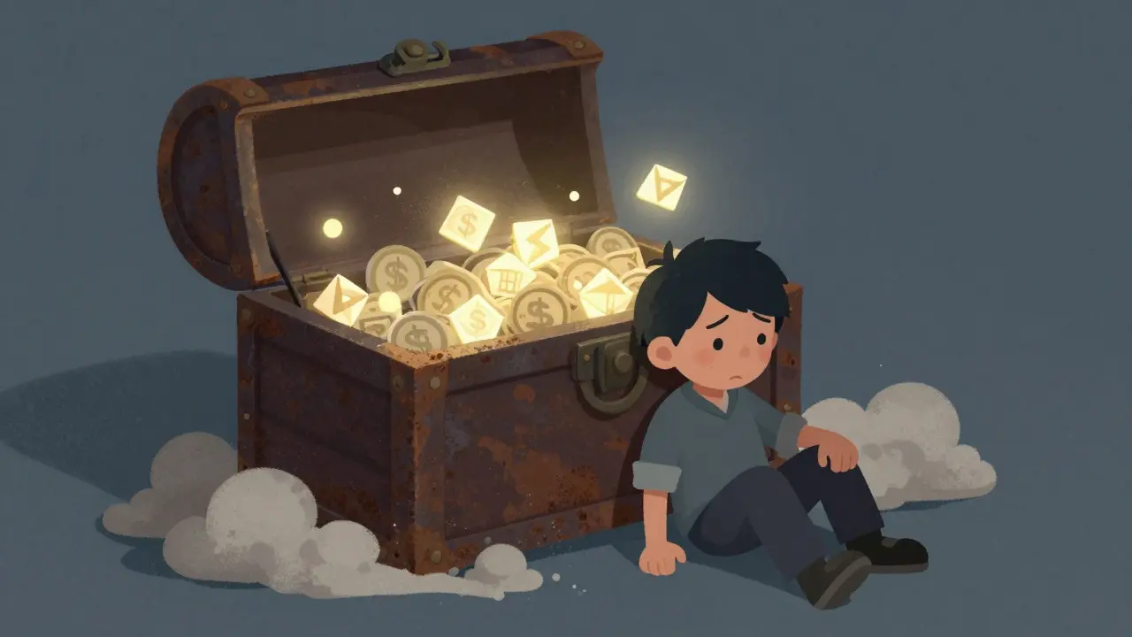 Frustrated character sitting next to a dusty, locked treasure chest.