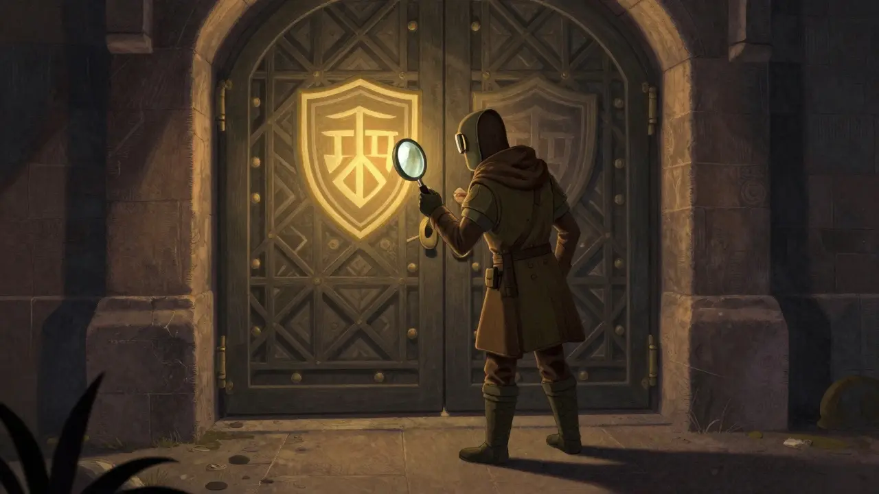 Guardian inspecting shield with magnifying glass near secure vault door