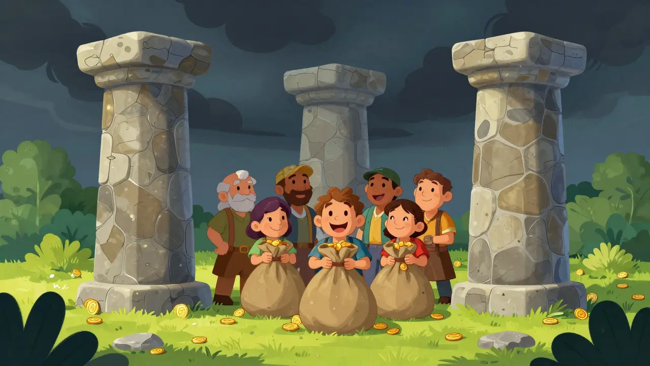 Happy people protected by pillars holding gold bags safely.