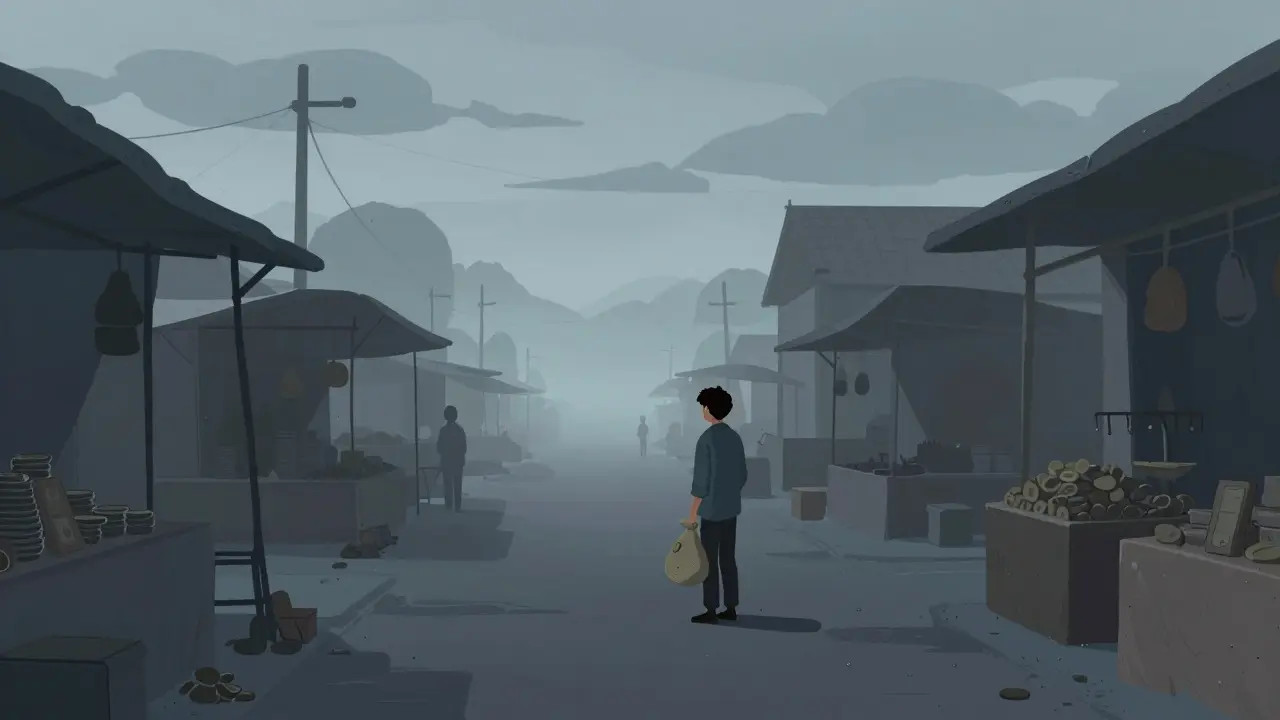 Lone character in an empty marketplace holding coins