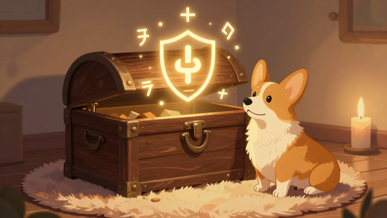 Loyal corgi guardian watching over a secure treasure chest