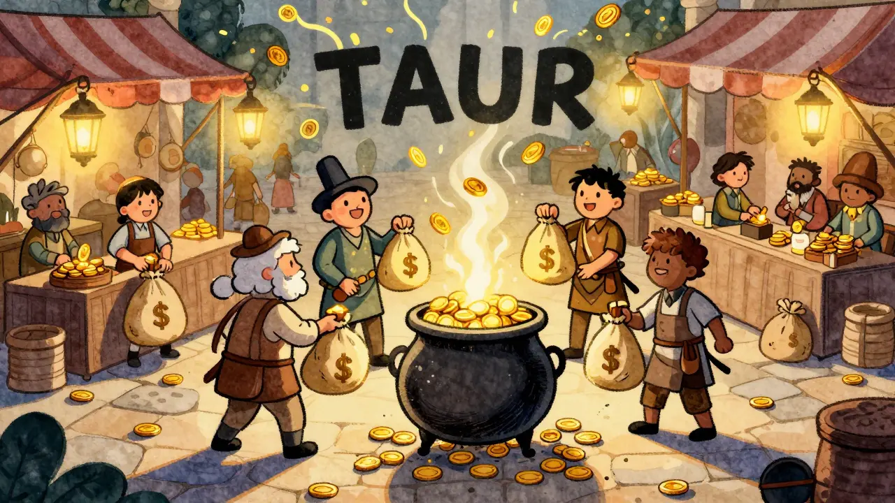 Merchants managing coins flowing into a communal cauldron pot