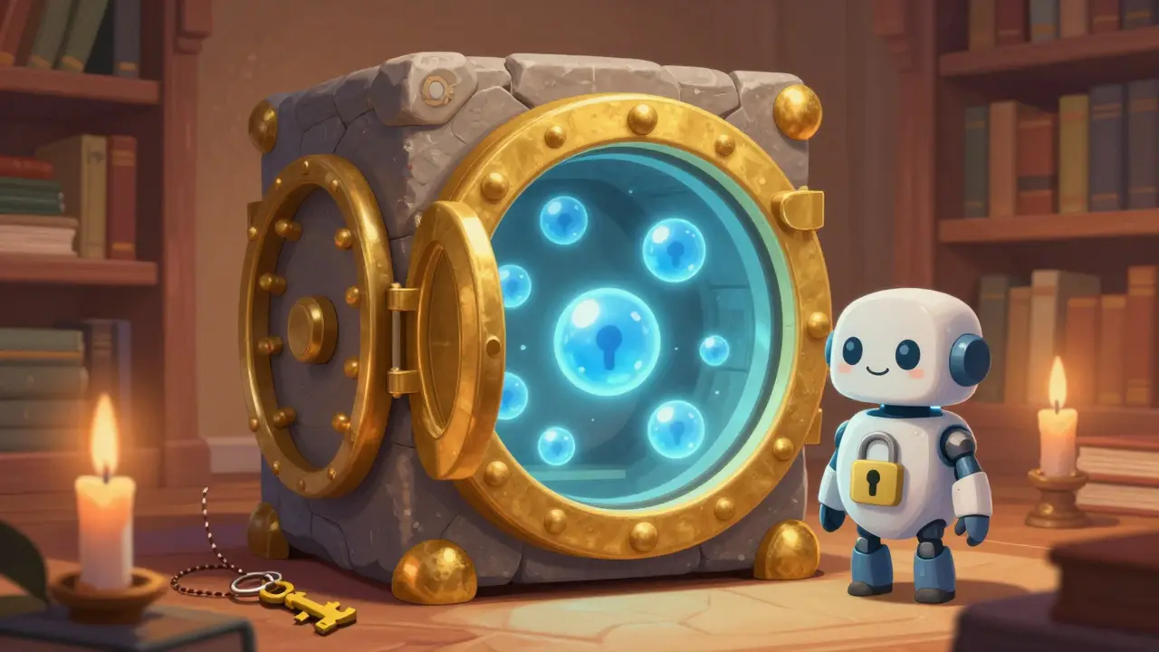 Secure vault with glowing orbs and a guardian robot.