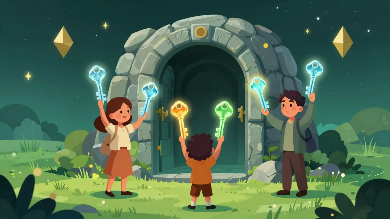 Three characters holding crystal keys to unlock a glowing mystical stone vault