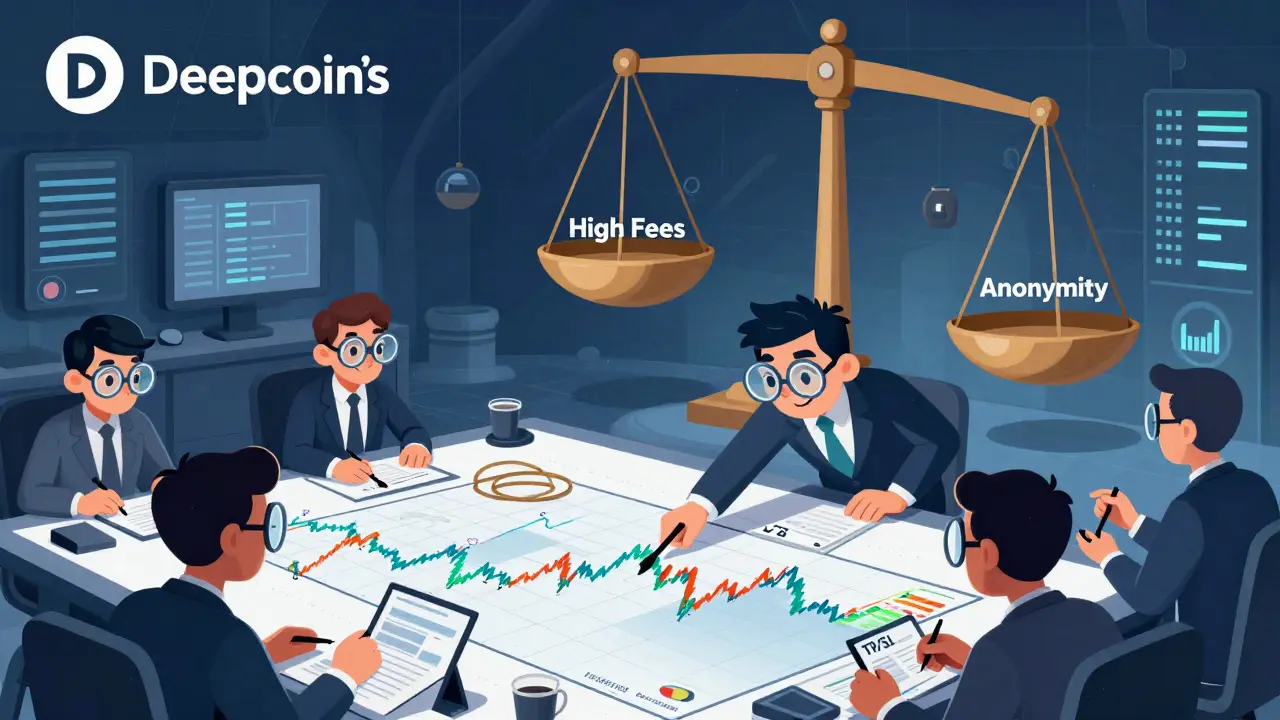 Traders use tools to control price charts on Deepcoin's digital floor, with a scale balancing high fees and anonymity in storybook style.