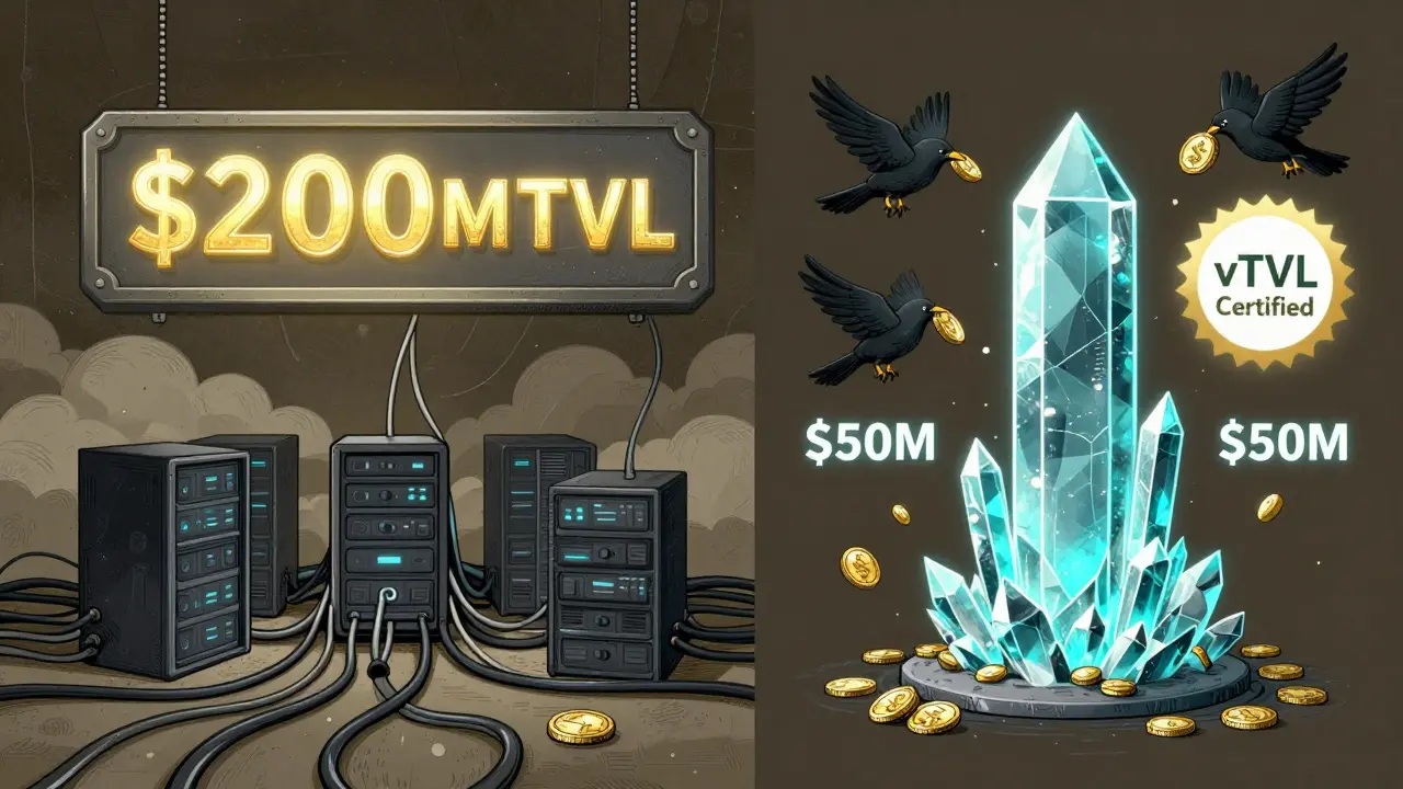 Two DeFi protocols side by side: one with inflated TVL and hidden servers, the other with a verified badge and clean on-chain tokens.