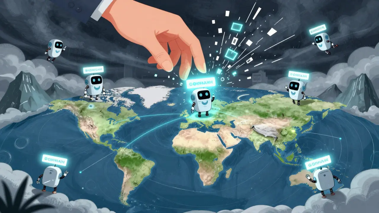 Whimsical robots carrying glowing messages across the world, while a giant government hand shatters before touching the data.