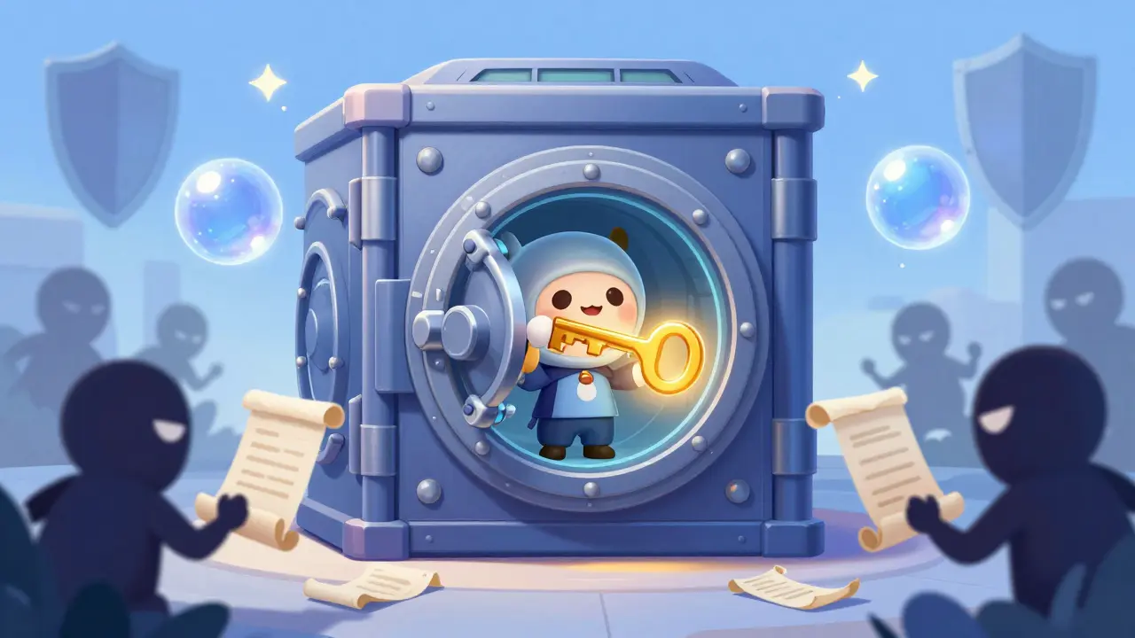 A character securing a glowing key into a protective digital vault.