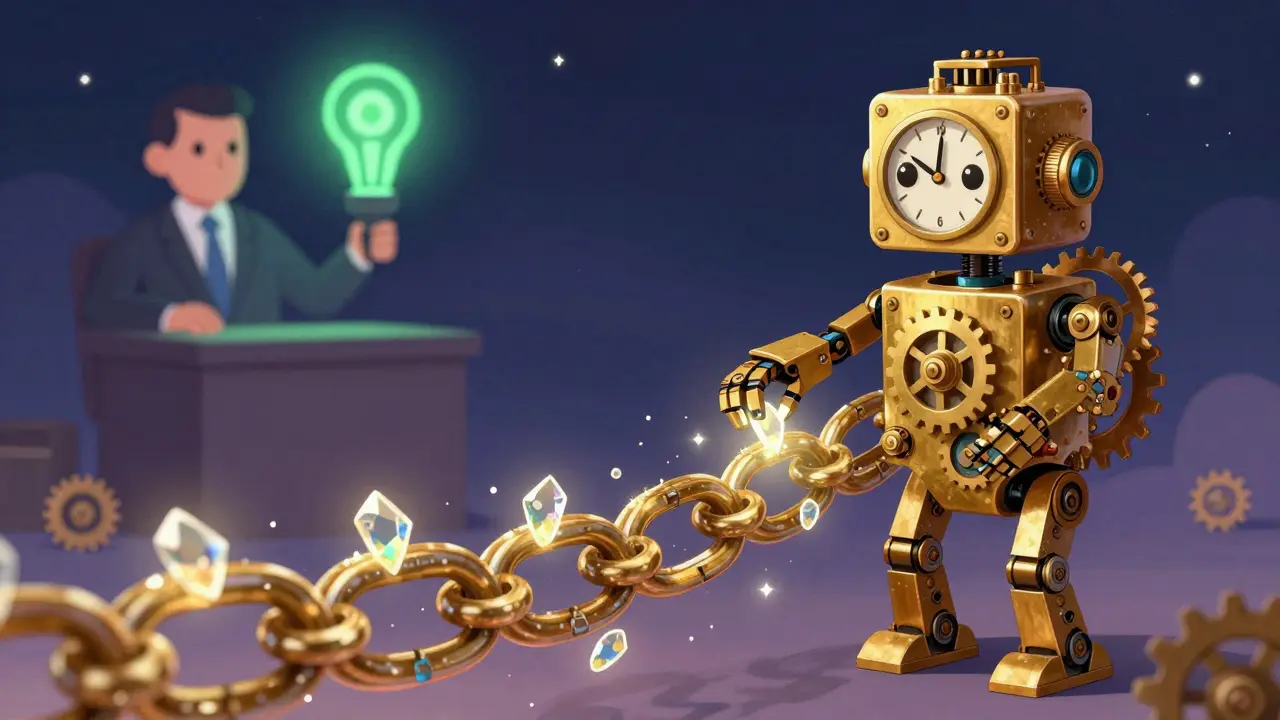 A clockwork robot organizing glowing data shards into a chain under a starry sky