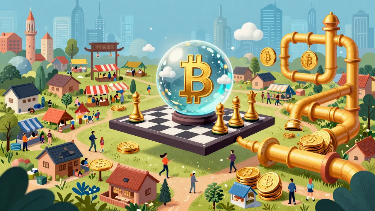 A collection of whimsical Bitcoin-powered apps including a golden chessboard and DeFi pipes