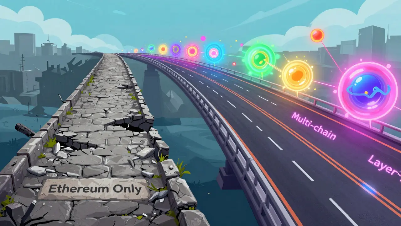 A crumbling stone path contrasting with a vibrant multi-lane neon digital highway