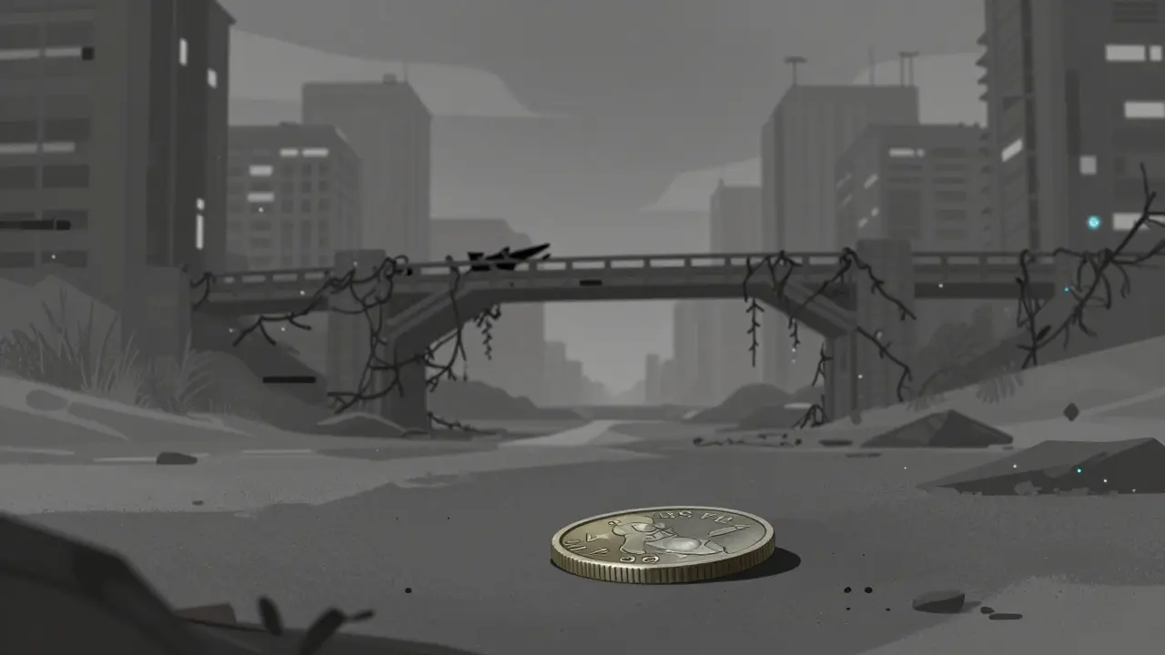 A faded, grayscale digital city with a single colorless coin lying in the dust.
