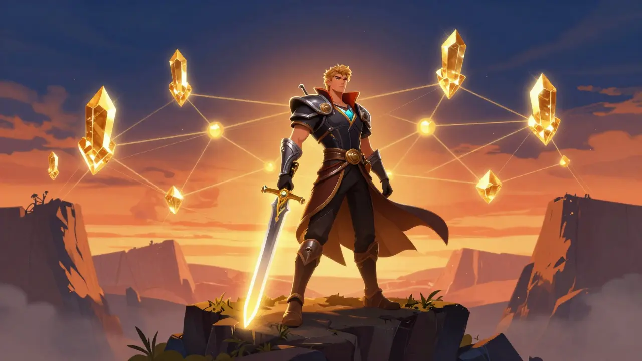 A fantasy hero standing before a golden blockchain crystal network.