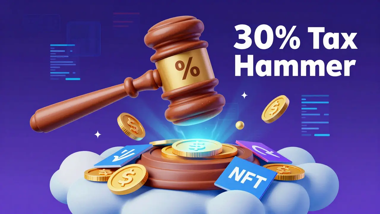 A giant hammer about to strike glowing digital coins and NFTs in a stylized setting