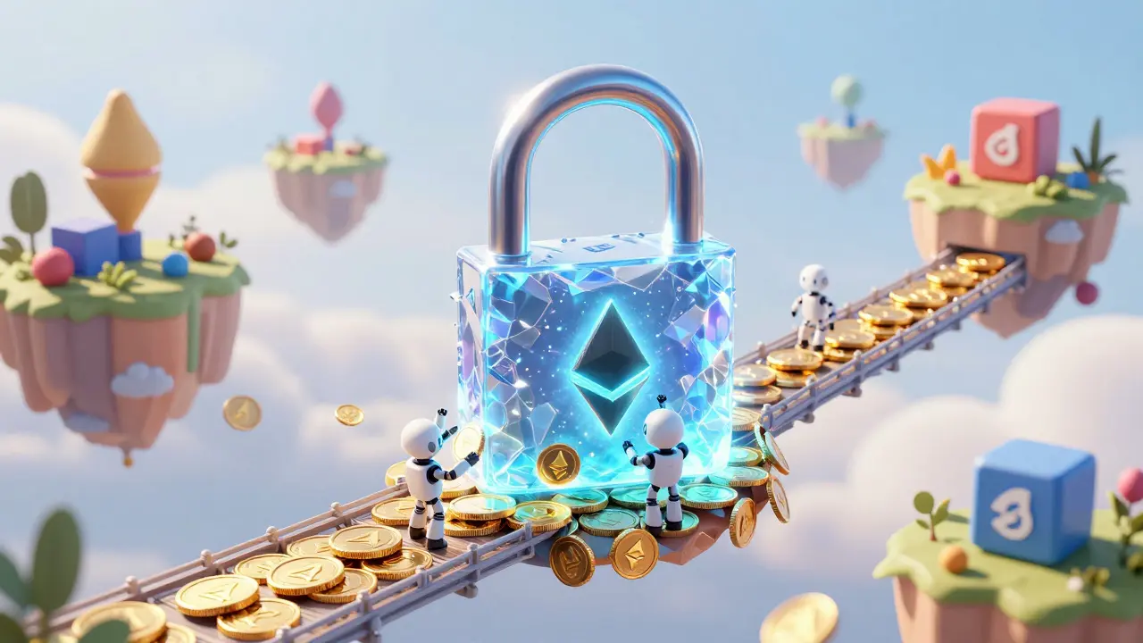 A glowing crystalline padlock securing a bridge of gold coins between floating blockchain islands.
