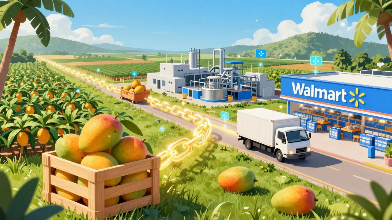 A glowing digital chain connecting a mango's journey from a farm to a retail store.