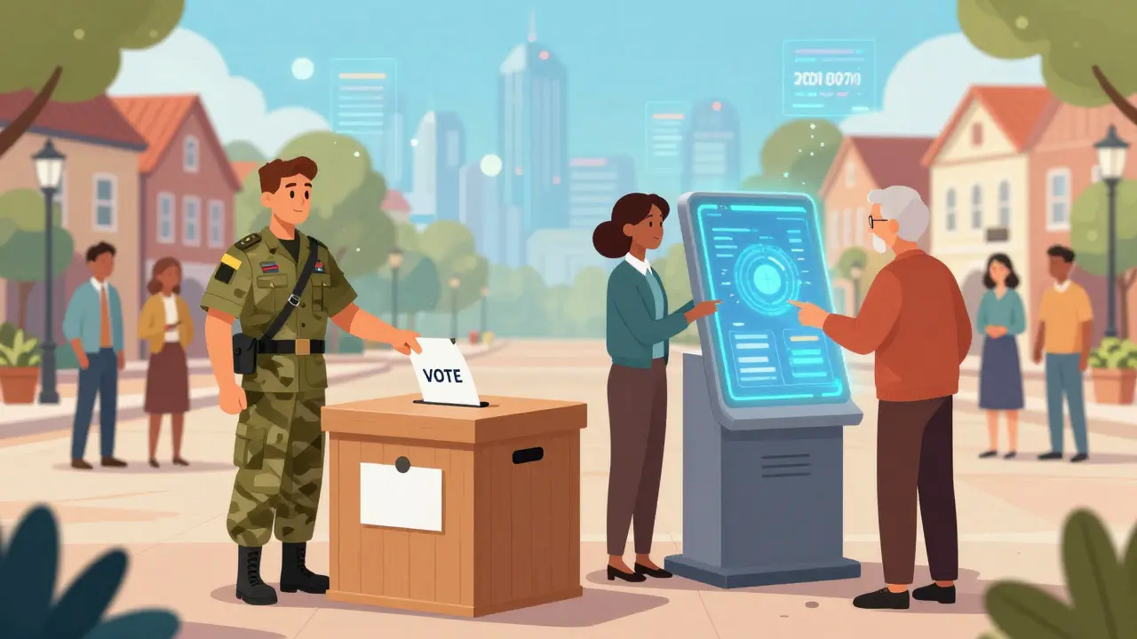 A hybrid voting scene with a physical ballot box and a holographic terminal in a futuristic town
