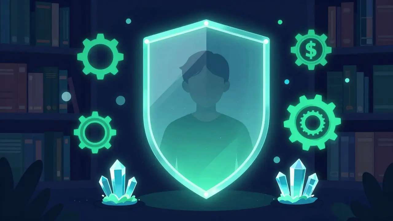A person protected by a translucent digital shield symbolizing privacy in DeFi.