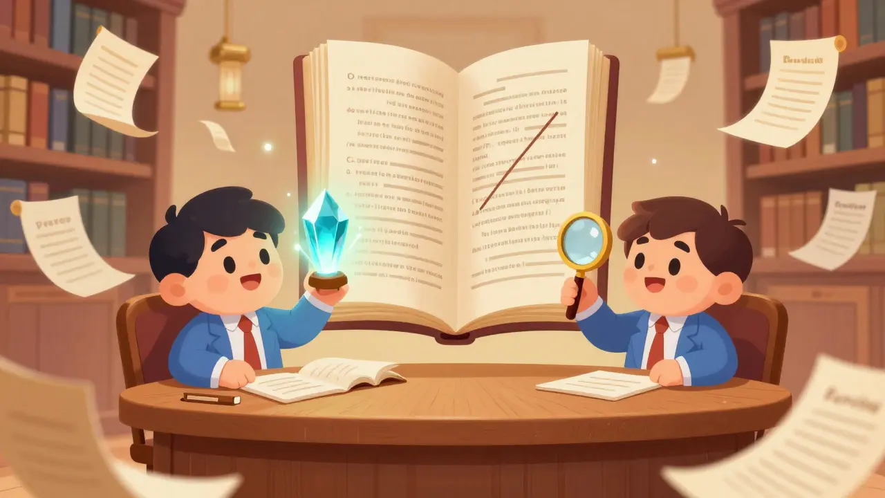 A Prover and Verifier examining a floating book of logic in a whimsical library