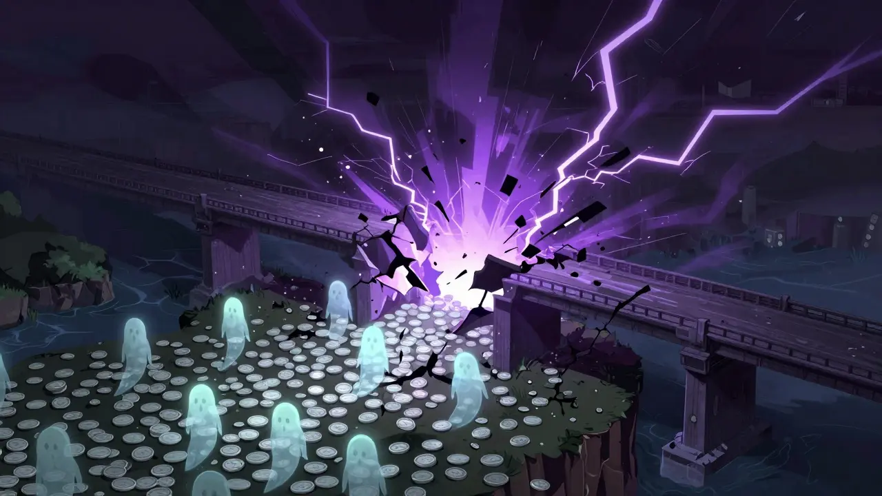 A shattering digital bridge leaking millions of ghost-like tokens in a glitchy storm.