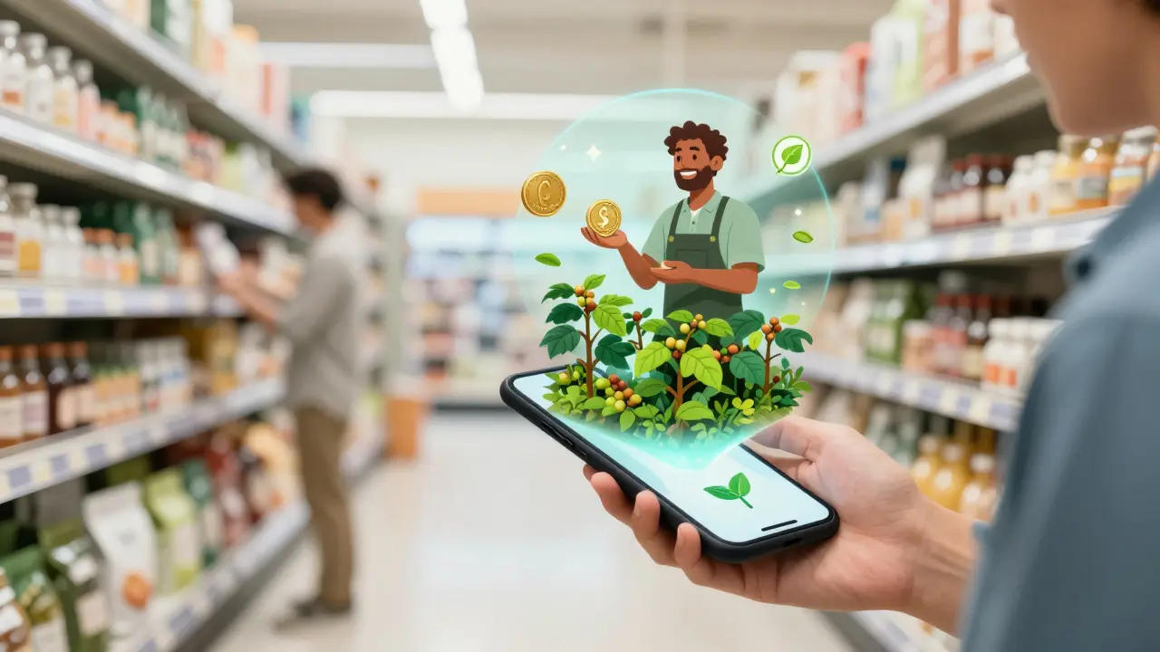 A shopper using a phone to see a holographic record of a coffee's ethical sourcing.