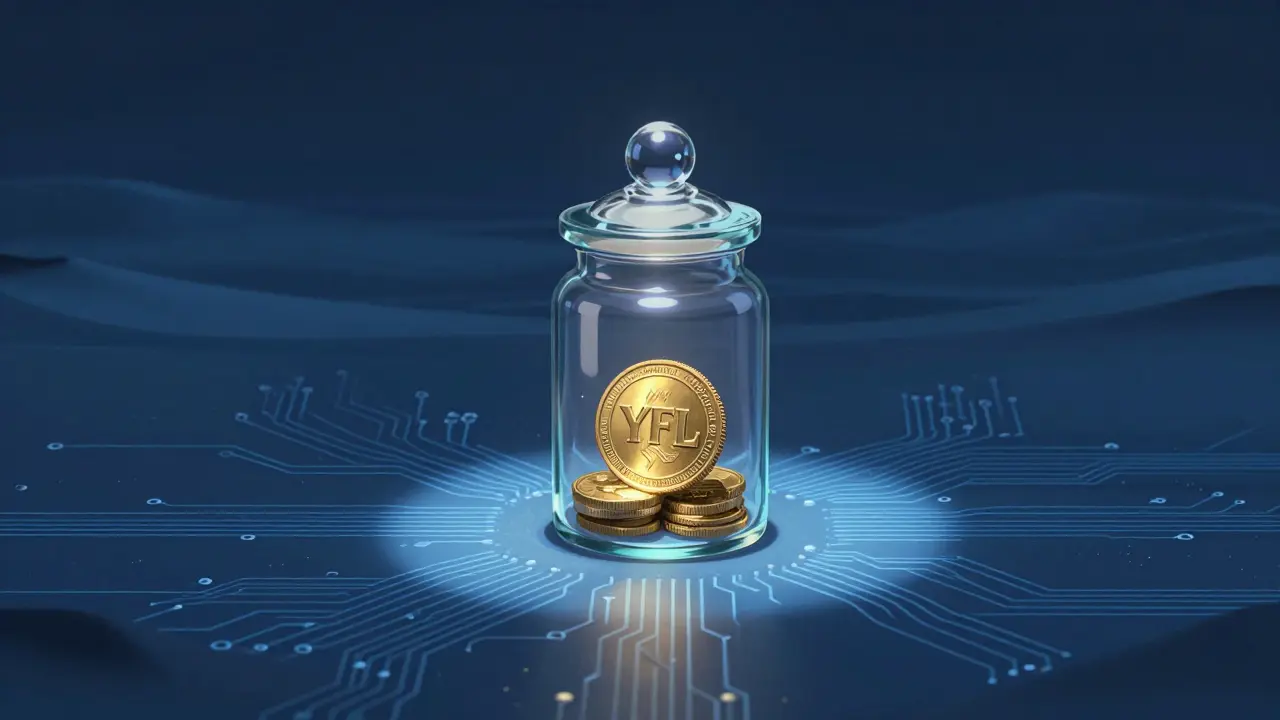 A single golden YFL coin trapped in a glass jar on a blue circuit board desert