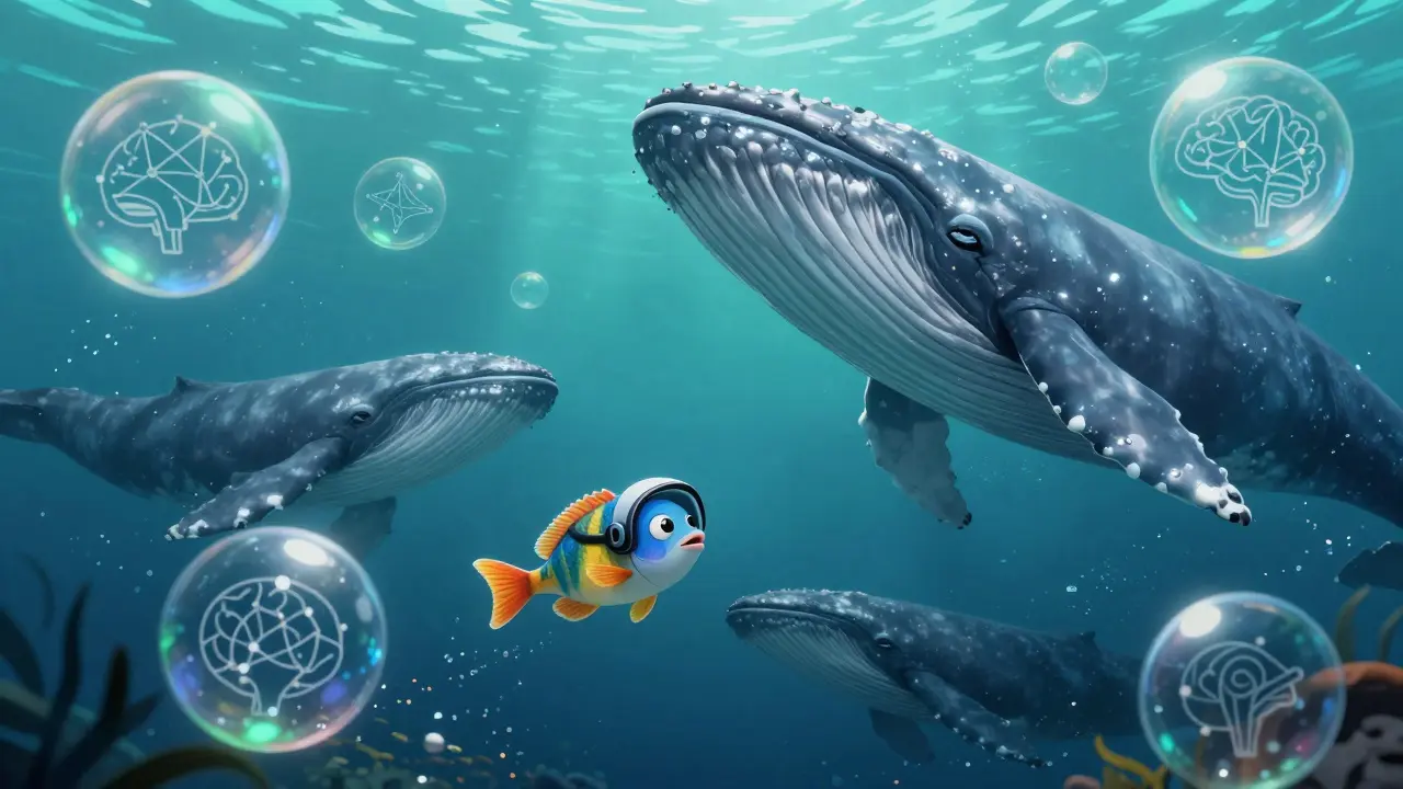 A small fish with an AI headset swimming among giant whales in a deep ocean