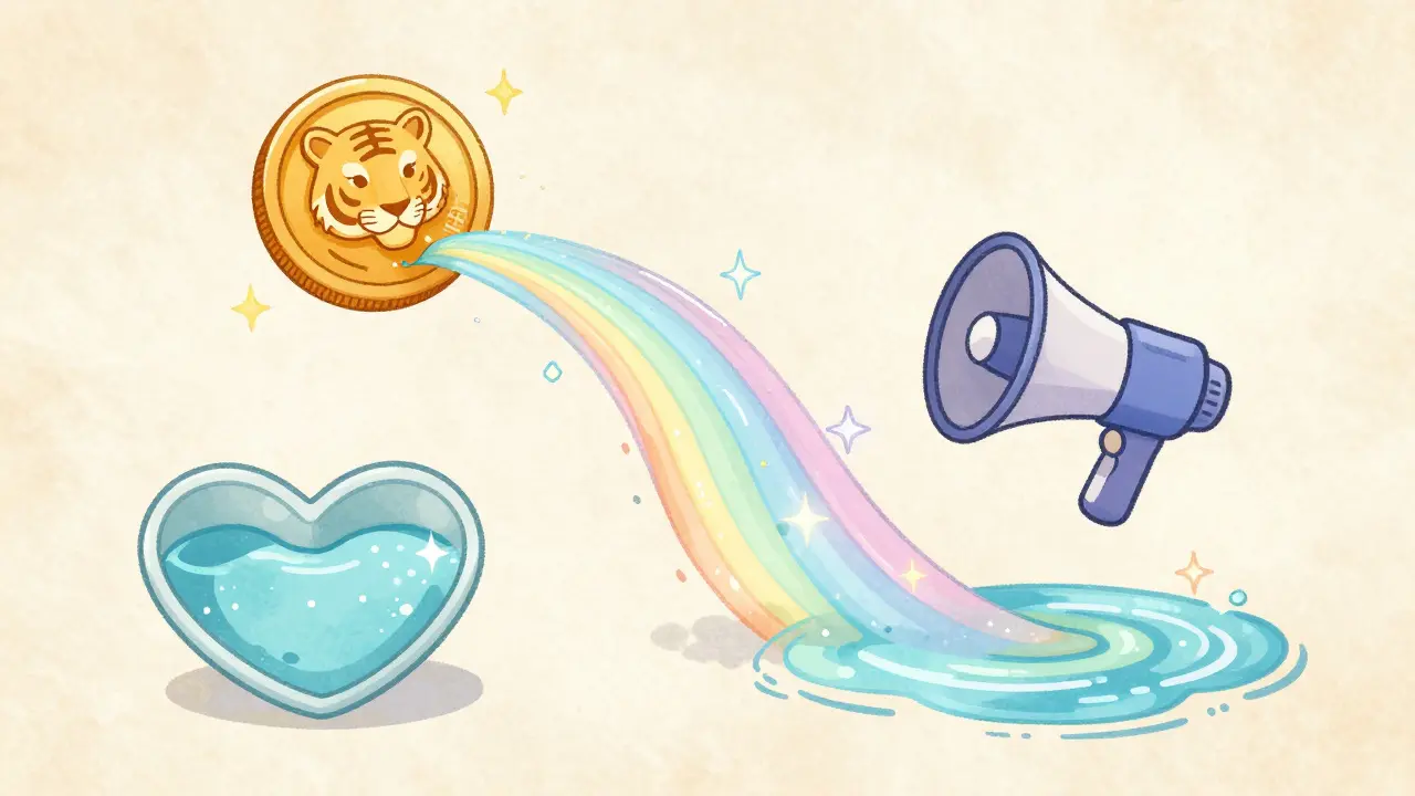 A tiger coin splitting into streams for charity, marketing, and the token pool