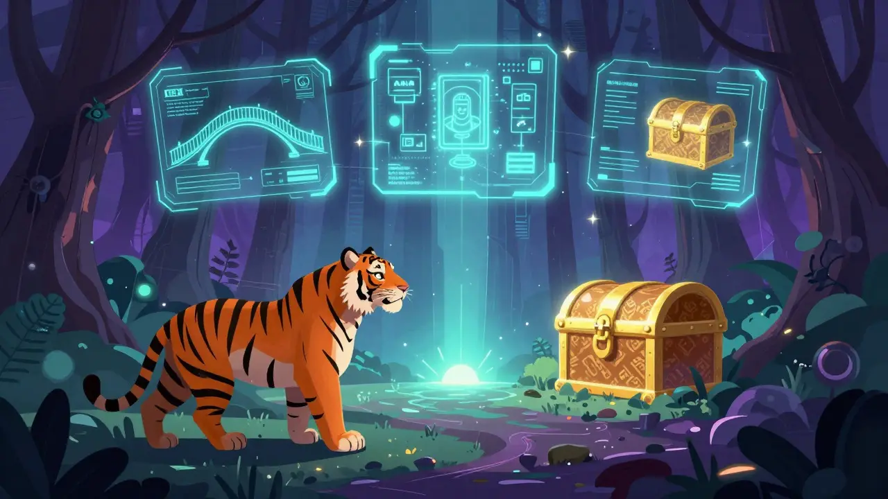 A tiger exploring holographic blueprints of a digital ecosystem