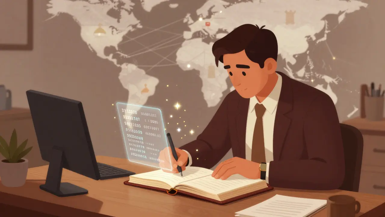 A trader recording crypto transactions in a ledger with floating digital data