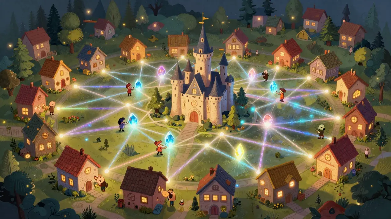 A whimsical village of connected nodes exchanging glowing crystals in a distributed network.